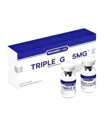 Triple G 5 mg van BioAmino Labs – flacon retatrutide met bijgeleverd natriumchloride 0,9 %